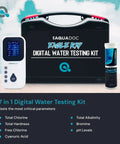 Digital Pool Water Tester Kit With 30 Strips And Digital Reader For Total Chlorine Free Chlorine Bromine Total Hardness Cyanuric Acid Alkalinity And pH No Guesswork Easy Readouts displayed with case.