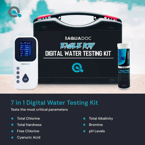 Digital Pool Water Tester Kit With 30 Strips And Digital Reader For Total Chlorine Free Chlorine Bromine Total Hardness Cyanuric Acid Alkalinity And pH No Guesswork Easy Readouts displayed with case.