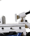 Detail of Pro Grade Benchtop X Y Mortiser With Sliding Axis Table showing adjustable handle and sturdy metal parts for precise mortises.