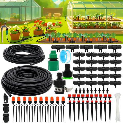 All In One 100 Ft Drip Irrigation Kit For Garden And Lawn With 50 Ft Main Tubing And 50 Ft Branch Tubes, accessories laid out