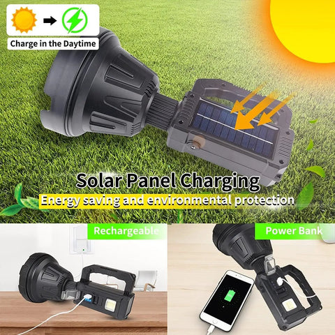 Rechargeable LED Spotlight Flashlight 2500 Lumens With Solar Panel Charging for Fishing Hiking Camping