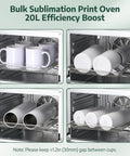 Huge 20 Liter Sublimation Oven For Mugs Tumblers And Bottles Featuring Hella Smooth One Touch Auto Bake Mode with mugs and tumblers inside.