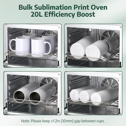 Huge 20 Liter Sublimation Oven For Mugs Tumblers And Bottles Featuring Hella Smooth One Touch Auto Bake Mode with mugs and tumblers inside.