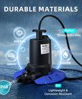 Automatic Pool Cover Pump with 1/4HP, 1800 GPH Submersible Sump Pump, IP68 rating, nylon and PP materials, on wet surface.