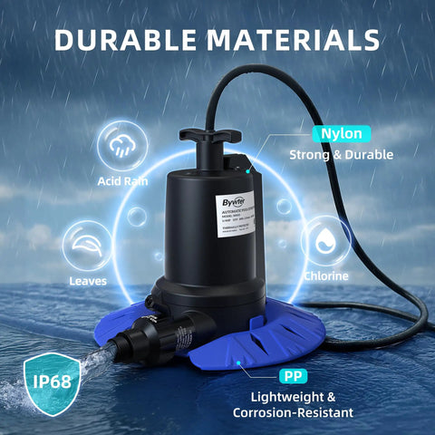 Automatic Pool Cover Pump with 1/4HP, 1800 GPH Submersible Sump Pump, IP68 rating, nylon and PP materials, on wet surface.