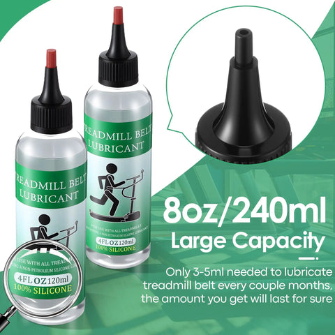 8oz Silicone Treadmill Belt Lubricant with two bottles and magnified precision screw cap detail