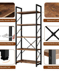 Five Tier Bookshelf Rack Industrial Modern Tall Bookcase For Living Room Bedroom And Office Dope Brown Wood Shelf With Wide Storage