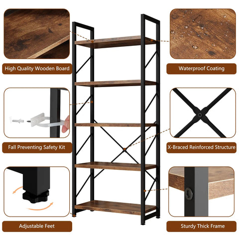 Five Tier Bookshelf Rack Industrial Modern Tall Bookcase For Living Room Bedroom And Office Dope Brown Wood Shelf With Wide Storage