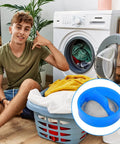 10 Pack Washing Machine Water Filter Replacement Kit With Steel Mesh Inline Screens, man near washer, laundry basket, filter detail.