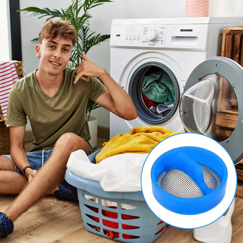 10 Pack Washing Machine Water Filter Replacement Kit With Steel Mesh Inline Screens, man near washer, laundry basket, filter detail.