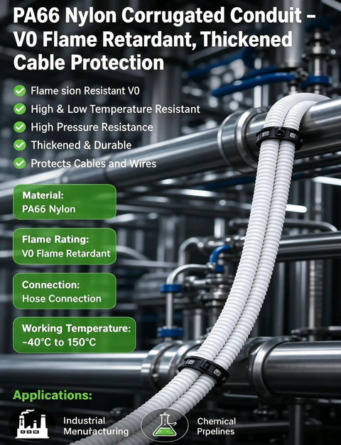 Grab This Boss Grade Heavy Duty PA66 Nylon Corrugated Conduit With Flame Retardant Finish for cable protection in industrial setup.