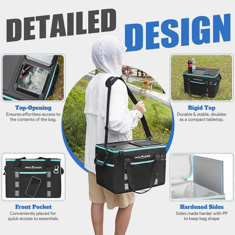 Detailed design features of Hard Shell Hybrid Soft Cooler Bag With Two Cup Holders Portable 40L Insulated Collapsible Cooler.
