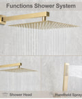 Brushed Gold 8 Inch Rain Shower System With Wall Mount Dual Function Shower Faucet Set And Rough In Valve displayed