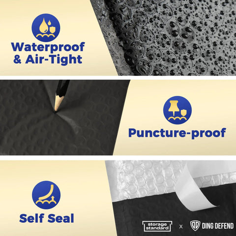 Infographic showing features of 110 Count Self Sealing Bubble Mailers 6x10 Inch Waterproof Padded Envelopes including waterproof, puncture-proof, self-seal.
