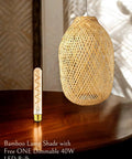 Rustic Bamboo Lamp Cage Pendant Light Shade with Included Dimmable 40W LED Bulb over wooden table