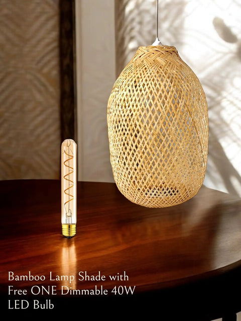 Rustic Bamboo Lamp Cage Pendant Light Shade with Included Dimmable 40W LED Bulb over wooden table