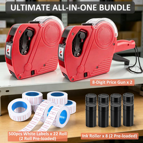 MX5500 Price Tag Gun Kit With 2 Red 8 Digit Tag Guns 11000 Labels And 8 Refill Rollers Pro Grade Dual Pack Pricing Label Gun