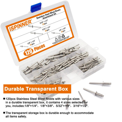 120 Piece 304 Stainless Steel Blind Rivet Assortment Kit Packed With Rust Proof Pop Rivets For Serious Home Repairs And Garage Builds Kickass Corrosion Resistant Fasteners That Grip Tight Under Heavy Stress So Your Projects Stay Locked Down Tight