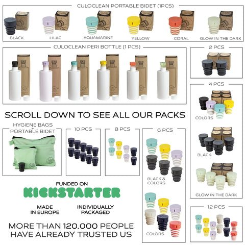 Ultra Lightweight Portable Bidet For Toilet Use On The Go Perfect For Travel Hiking And Camping Works With Any Bottle Only 12g Sprayer Easy To Use Discreet And Clean Fresh On The Move For Personal Hygiene in various colors and sets, with Kickstarter logo and hygiene bags visible.
