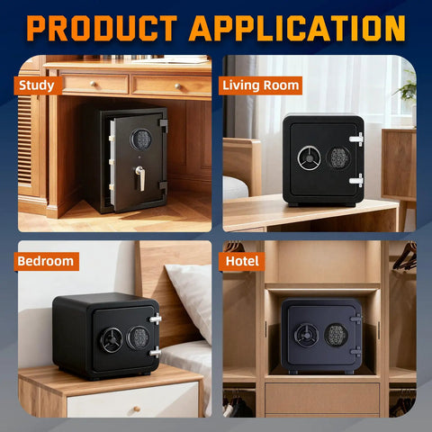 Hella Secure Smart Nfc Mobile Control Safe Electronic Lock Replacement Keypad shown in various settings: study, living room, bedroom, hotel.