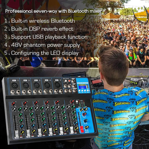 DJ using HT7 Bluetooth Portable DJ Mixer With USB MP3 Jack And 48V Power during outdoor set, crowd in background