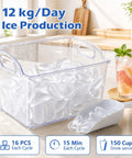 Transparent ice container filled with crisp crescent cubes, highlights 12 kg/day production for drinks using Compact Counter Top Ice Cube Machine Whips up 16 Crisp Crescent Cubes in Just 15 Mins With 11 Adjustable Thickness Options To Crush Your Cocktail Game And Serve Sick Chills For Parties Or Lazy Weekends At Home.
