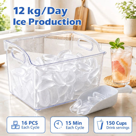 Transparent ice container filled with crisp crescent cubes, highlights 12 kg/day production for drinks using Compact Counter Top Ice Cube Machine Whips up 16 Crisp Crescent Cubes in Just 15 Mins With 11 Adjustable Thickness Options To Crush Your Cocktail Game And Serve Sick Chills For Parties Or Lazy Weekends At Home.