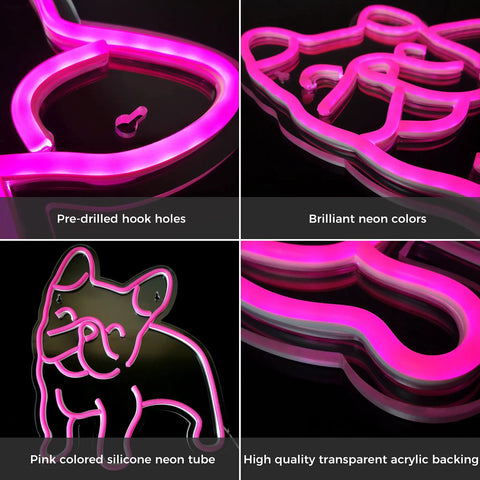 Close-up of pink LED neon dog sign for wall decor, highlighting silicone neon tube and acrylic backing showing French bulldog design.