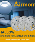 Real Deal 4 Inch Round Shallow Metal Electrical Junction Box UL Listed One Half Inch Deep Ceiling Fan And Light Fixture Mount 6 Cubic Inch Capacity with three metal pans.