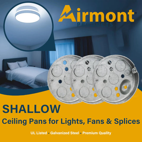 Real Deal 4 Inch Round Shallow Metal Electrical Junction Box UL Listed One Half Inch Deep Ceiling Fan And Light Fixture Mount 6 Cubic Inch Capacity with three metal pans.