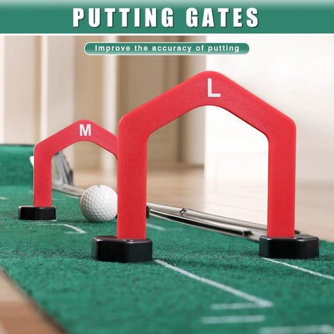 Indoor Golf Putting Green Mat For Home Practice With Hazard Bunker And Water Challenge, premium non slip surface, setup view