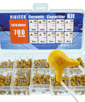 Ceramic Capacitor Assortment Kit with 700 pcs in box, ranging from 0.1uF 100nF to 10uF across 10 value types, visible in compartment box.