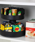 Two-Tier Rotating Snack Carousel Countertop Organizer for Kitchen and Breakroom, Space-Saving Snack Tray with 360-Degree Access