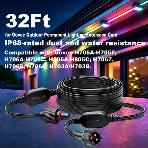 Hella Durable 32 Ft Extension Cable With Pro Voltage Booster For Permanent Outdoor Led Lighting Setup, black extension cord.