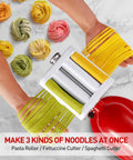 Jovan Home 3 In 1 Pasta Maker Attachment For Kitchenaid Stand Mixers with green and yellow fettuccine noodles being cut.