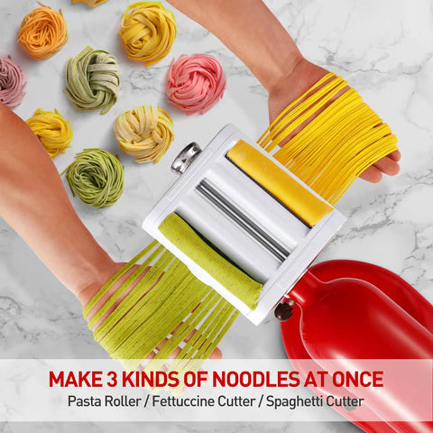 Jovan Home 3 In 1 Pasta Maker Attachment For Kitchenaid Stand Mixers with green and yellow fettuccine noodles being cut.