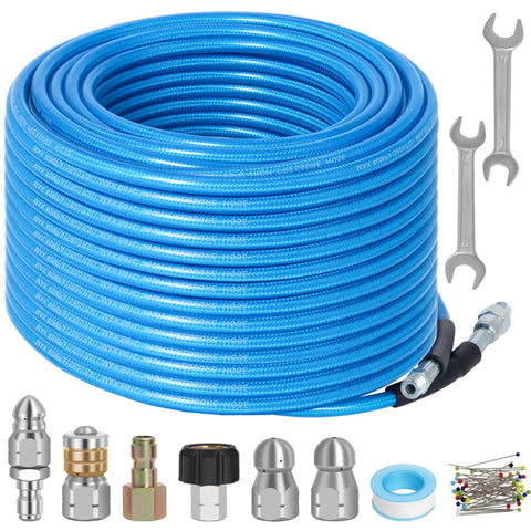 100 Ft Sewer Jetter Kit For Pressure Washer 5800 PSI Heavy Duty Pro Grade Drain Cleaner Hose with 1/4 In NPT, 4 Nozzles, Waterproof Tape