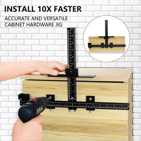 Person using Aluminum Cabinet Hardware Jig With Adjustable Template For Precise Hole Spacing And Doweling Guide For Easy No Fuss Drawer And Door Handle Install Woodworking Drilling Template For Knobs And Pulls on cabinet