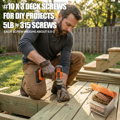 Man using No Pre Drill Needed Outdoor Wood Deck Fasteners Size 10 X 3 Inches Rust Resistant Tan Epoxy Coated 5 Pound Pack With T25 Torx Drive Bit on pressure treated lumber.