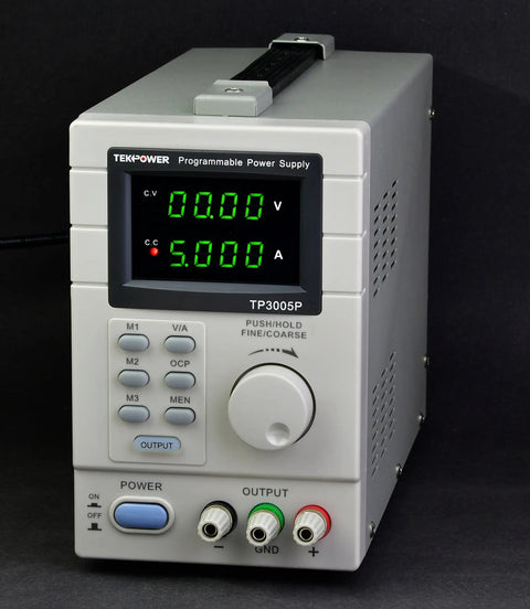Programmable DC Power Supply 0-30V 0-5A with dual displays and coarse fine adjustment, featuring low noise and low ripple