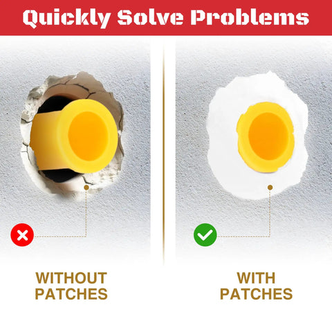 Comparison of holes in drywall with All In One Drywall Patch And Anchor Repair Kit With 20 Patches, Screws And Anchors.