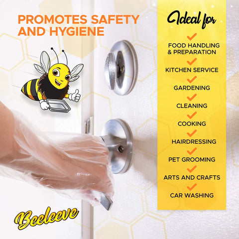 Disposable Gloves Bulk Pack 500 Count One Size Fits Most For Food Safe Handling In Kitchen And Food Prep Single Use Waterproof Poly Safety Gloves For Home And Restaurant Use Durable Comfortable Kitchen Ready Pro Grade image showing glove used to open door, promoting safety and hygiene