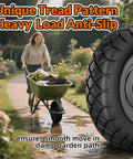 Flat Free 16 Inch Wheelbarrow Tire And Wheel Set Built Tough No Flats Solid Puncture Proof Tire Five Eighths And Three Quarters Bearings 400 Pound Load Universal Fit For Garden Farm And Construction Two Pack Black in use on a garden path