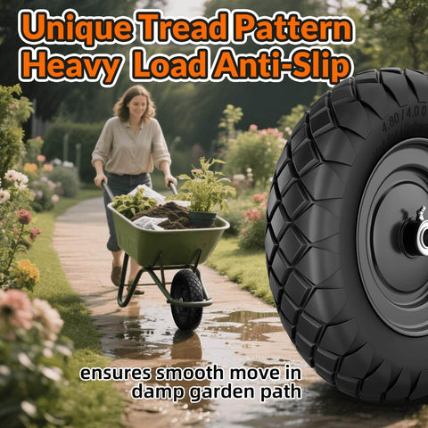 Flat Free 16 Inch Wheelbarrow Tire And Wheel Set Built Tough No Flats Solid Puncture Proof Tire Five Eighths And Three Quarters Bearings 400 Pound Load Universal Fit For Garden Farm And Construction Two Pack Black in use on a garden path