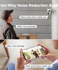 Dual-Lens Wireless Outdoor Home Security Camera System Four Camera Kit with 360 Degree Coverage showing two-way audio use