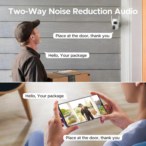 Dual-Lens Wireless Outdoor Home Security Camera System Four Camera Kit with 360 Degree Coverage showing two-way audio use