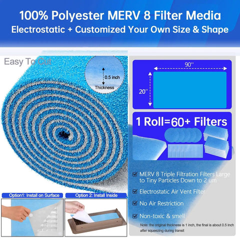 Cut To Fit 20x90 Air Filter Material MERV 8 Electrostatic Vent Filter roll with dimensions and installation options