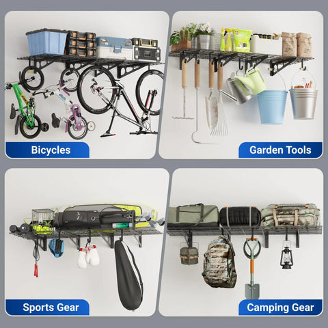 Organized garage ceiling rack displaying bicycles, garden tools, sports gear, and camping gear with storage hooks for hanging.