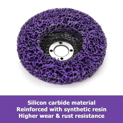 Six Pack 4 Inch Stripping Discs for Angle Grinder 5/8 Inch Arbor Rust and Paint Removal Wheel Silicon Carbide 46 Sharp Stripping Discs Up to 12500 RPM, purple disc close-up.