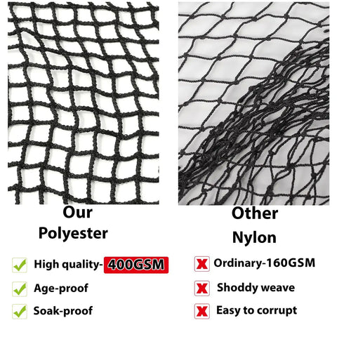 Comparison of 10x10 Ft Golf Practice Fence Net, 400GSM Heavy Duty Barrier Net with ordinary nylon netting, highlighting quality differences.